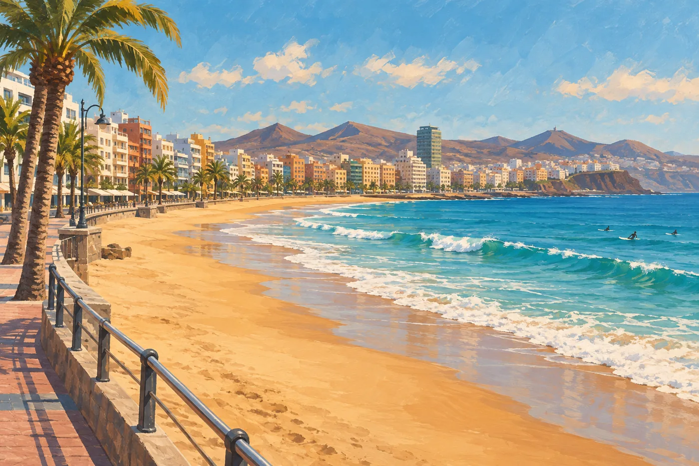 Illustration of the urban beach, promenade and surfing atmosphere towards Guanarteme