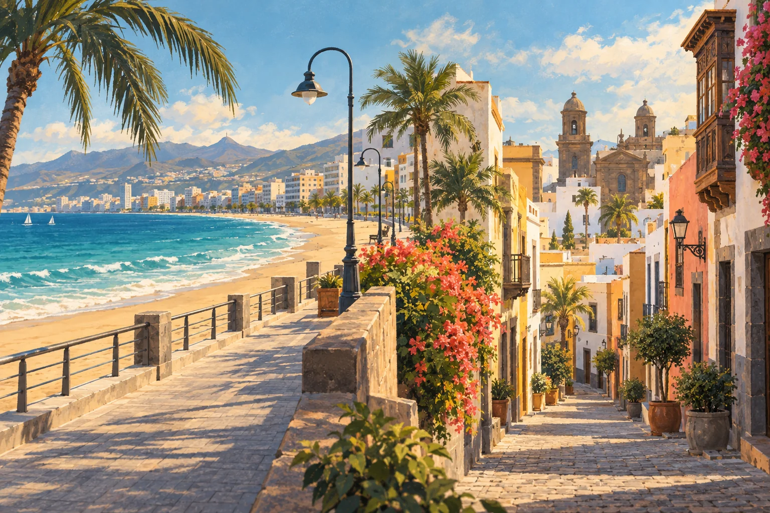 Ilustración de una playa urbana y una calle histórica para comparar zonas de Las Palmas de Gran Canaria