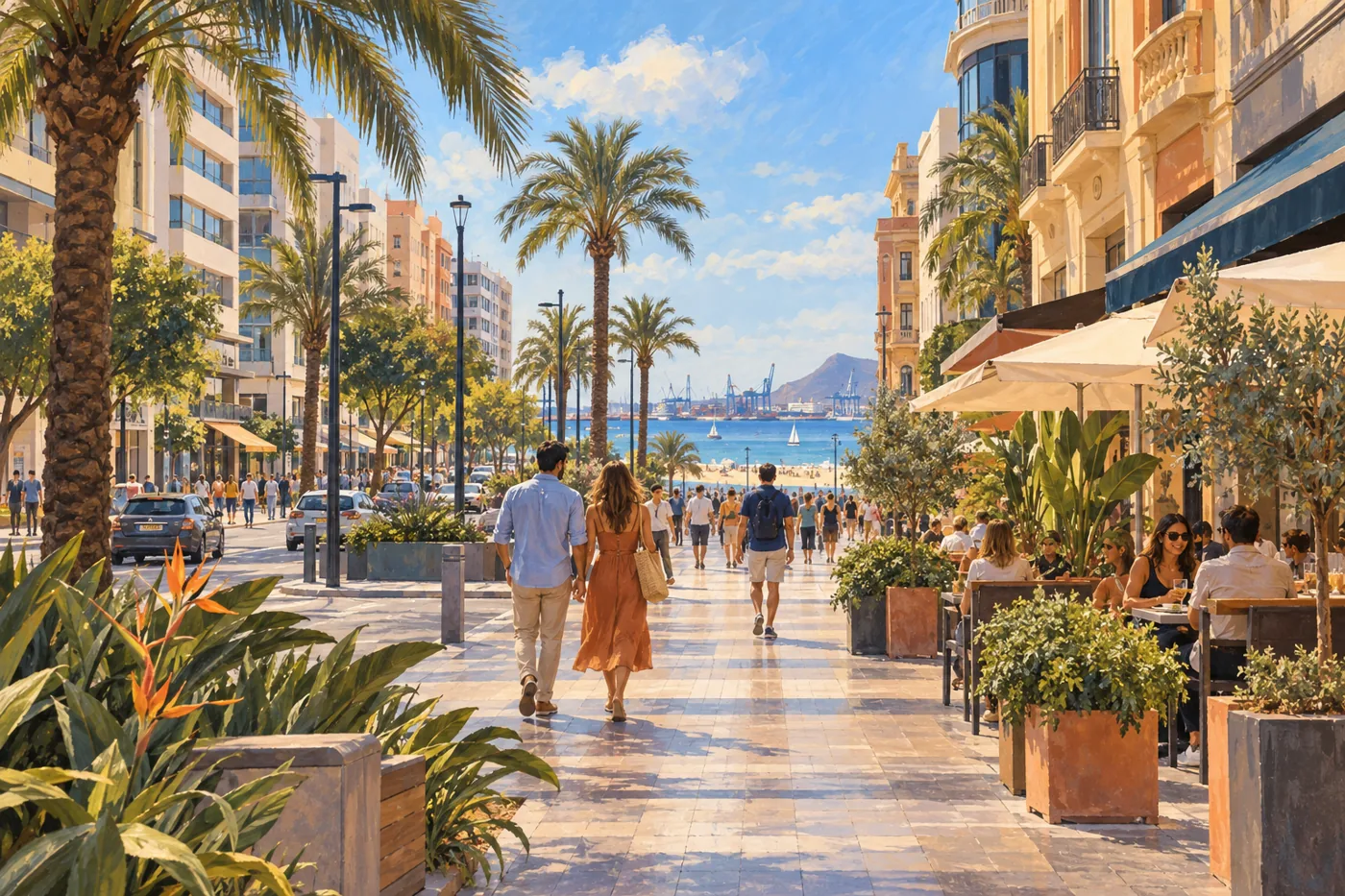 Conceptual illustration of an urban shopping avenue with the sea in the distance