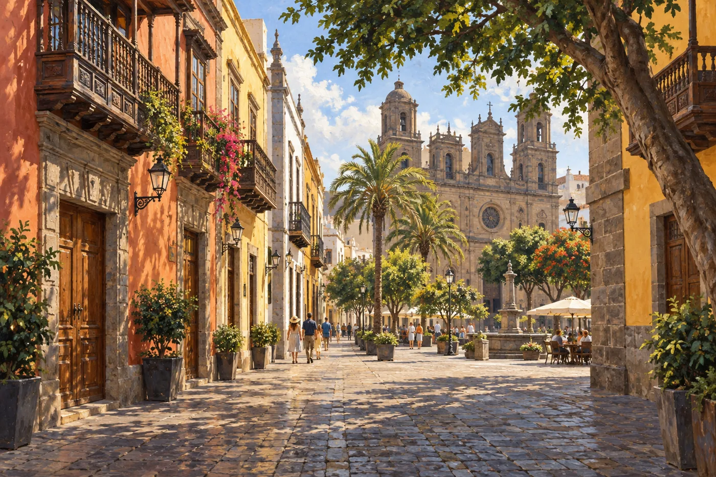 Illustration of a historic street leading to an old-town square in Las Palmas
