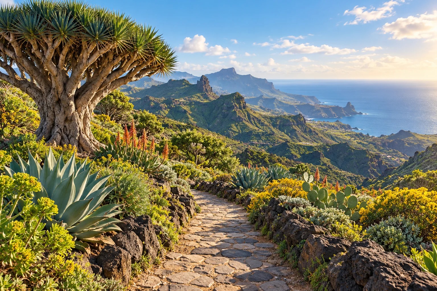 Ilustración conceptual de un sendero entre vegetación y montañas frente al Atlántico